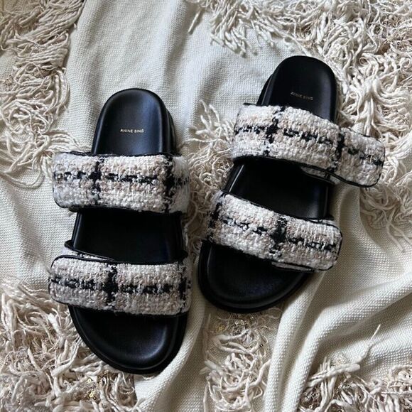 Anine Bing Sid Sandals Straps Beige Plaid Boucle Tweed 40 NEW - Picture 8 of 16